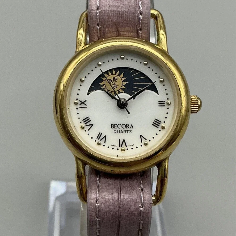 Becora V3080 Womens Watch 26mm Moon Phase Gold Tone Pink Strap New Battery